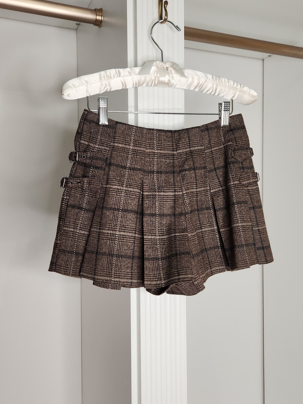 J.O.A. Brown Plaid Pleated Skort with Buckle Detail